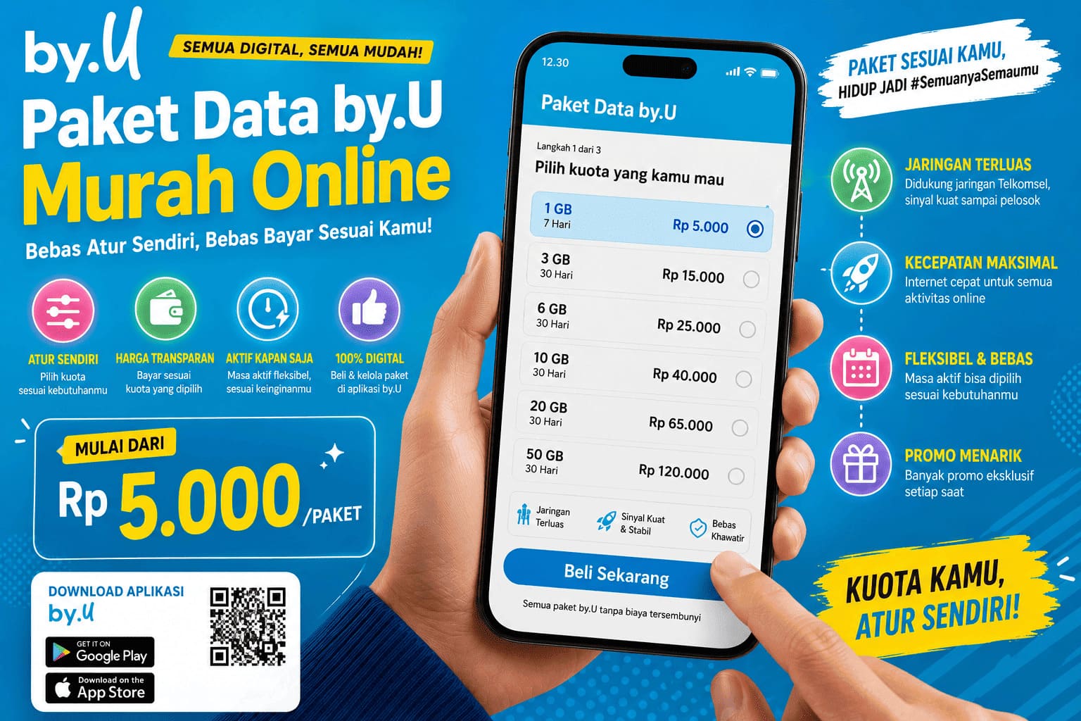 Paket Data by.U Murah Online dengan berbagai pilihan kuota internet digital untuk belajar, bekerja, streaming, gaming, dan aktivitas sehari-hari.