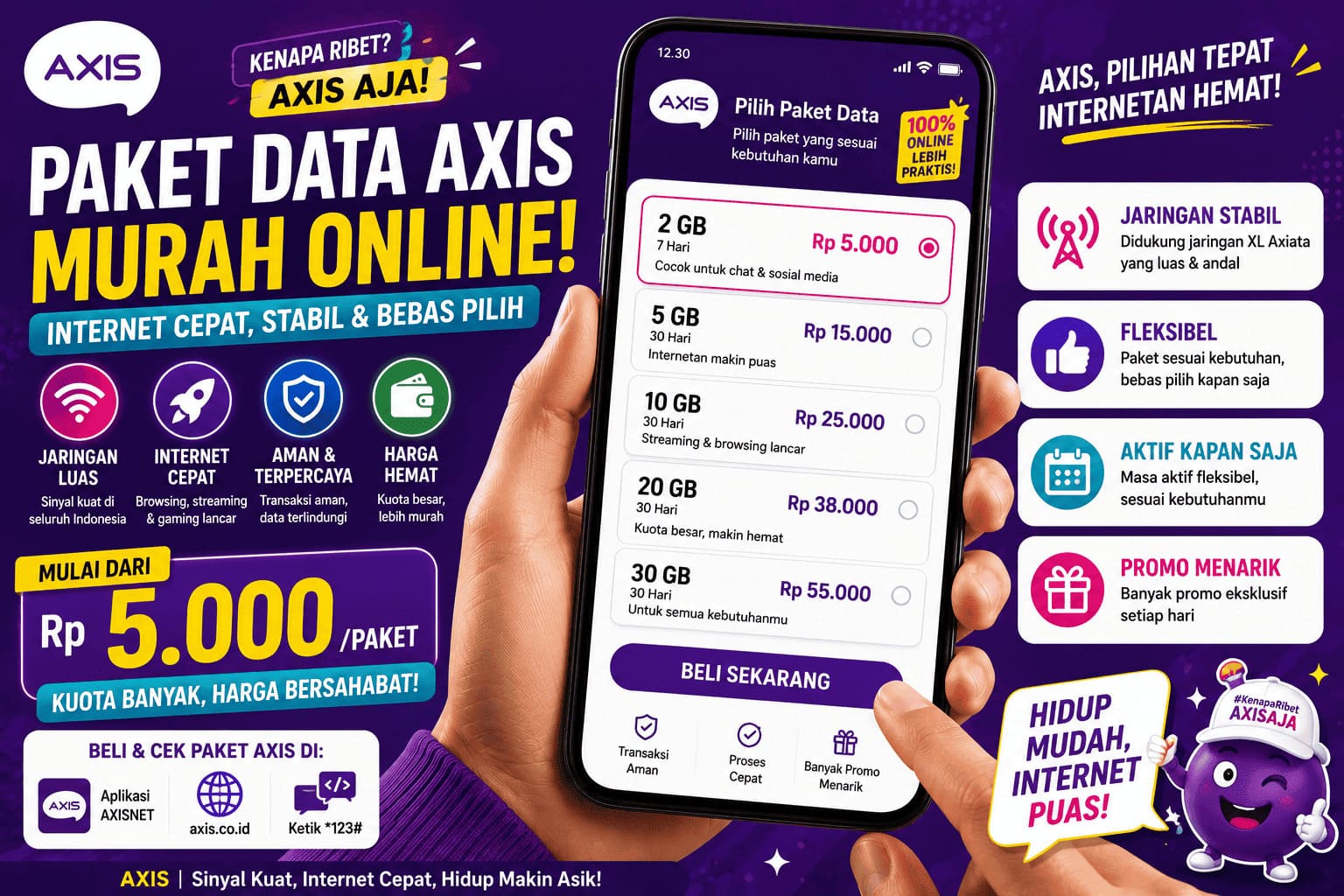 Paket Data Axis Murah Online dengan berbagai pilihan kuota internet untuk kebutuhan belajar, bekerja, dan hiburan digital.