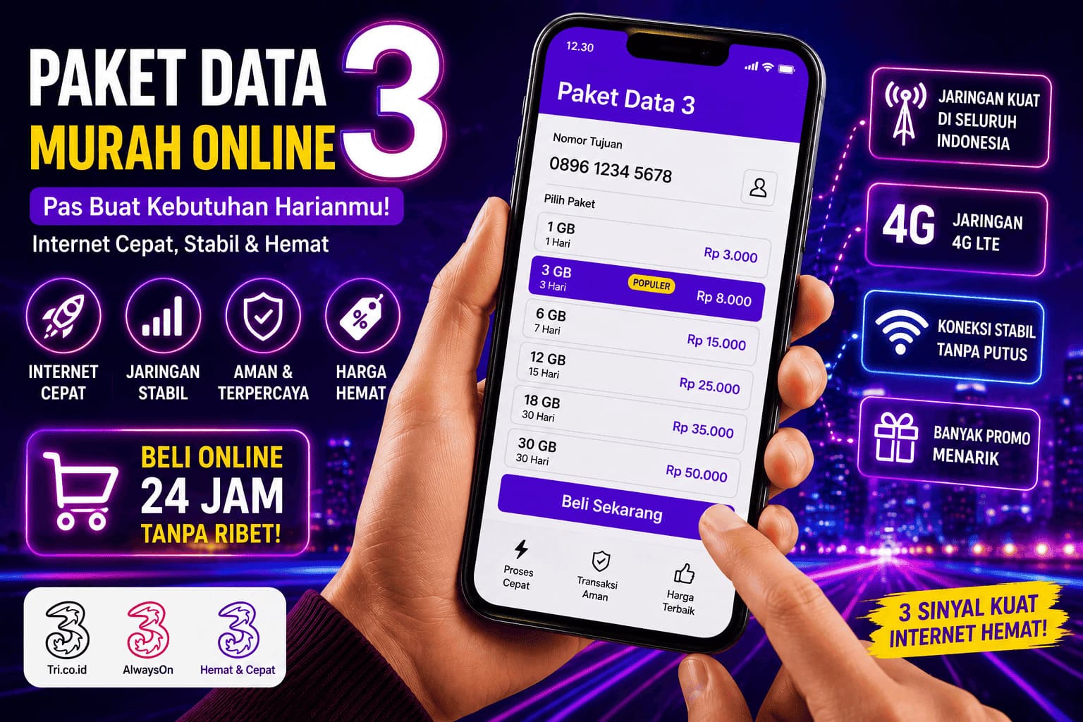 Paket Data Tri Murah Online dengan pilihan kuota internet cepat untuk aktivitas harian, belajar, bekerja, dan hiburan digital.