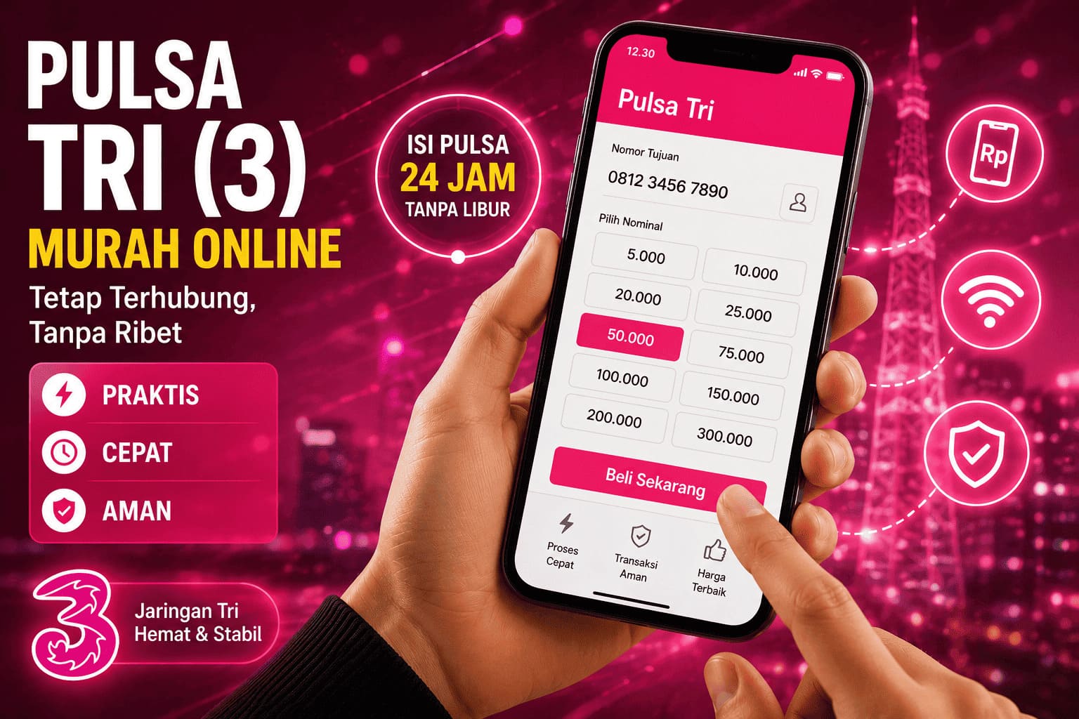 Pulsa Tri murah online dengan transaksi cepat, aman, dan tersedia 24 jam melalui MarketpediaVoucher.
