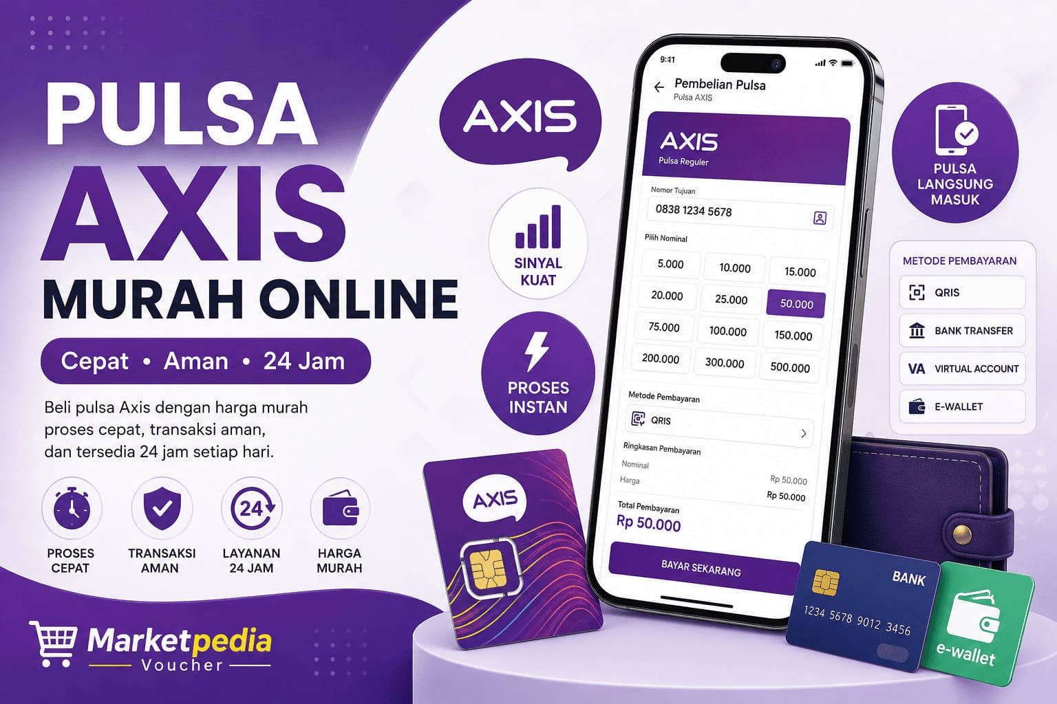 Pulsa Axis murah online dengan transaksi cepat, aman, dan tersedia 24 jam melalui MarketpediaVoucher.