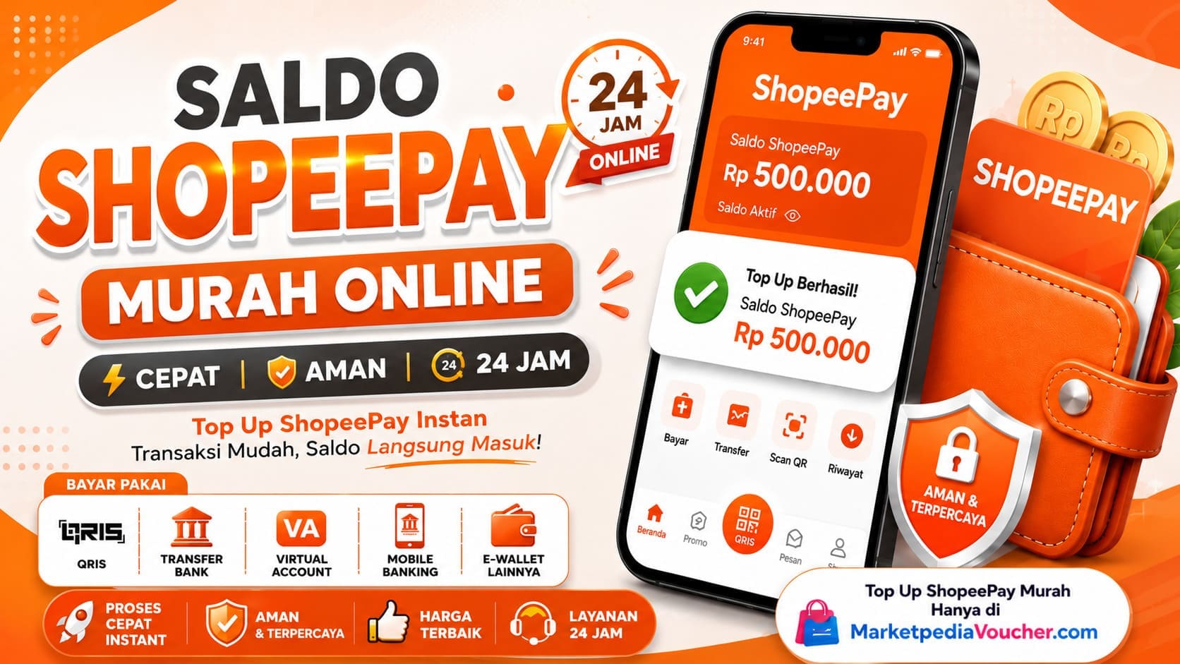 Saldo ShopeePay murah online dengan proses top up cepat, aman, dan tersedia 24 jam melalui MarketpediaVoucher.