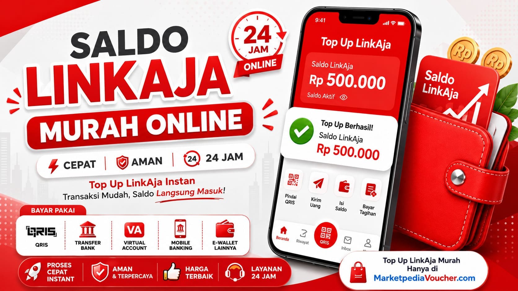 Saldo LinkAja murah online dengan proses top up cepat, aman, dan tersedia 24 jam melalui MarketpediaVoucher.