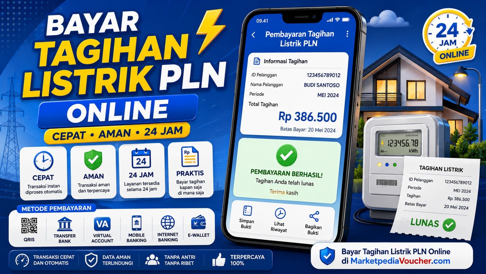 Bayar tagihan listrik Pasca Bayar PLN online dengan proses cepat, aman, dan tersedia 24 jam melalui MarketpediaVoucher.