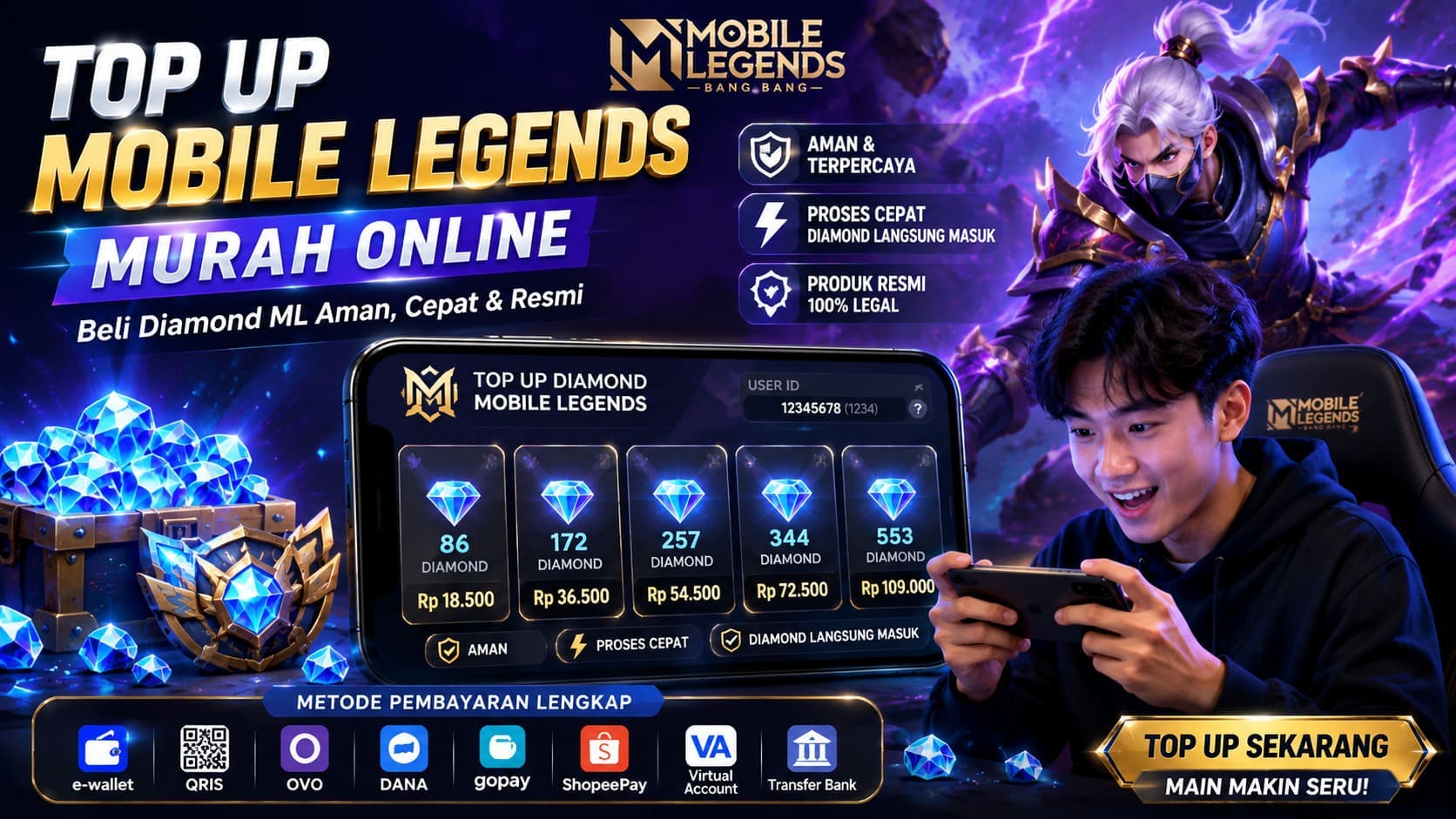 Top up Mobile Legends murah online untuk membeli diamond ML dengan aman