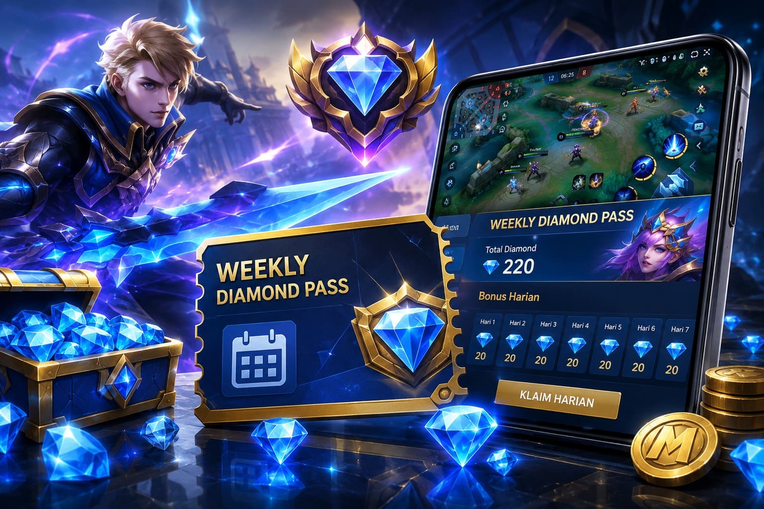 Weekly Diamond Pass Mobile Legends dengan bonus diamond harian untuk pemain MLBB