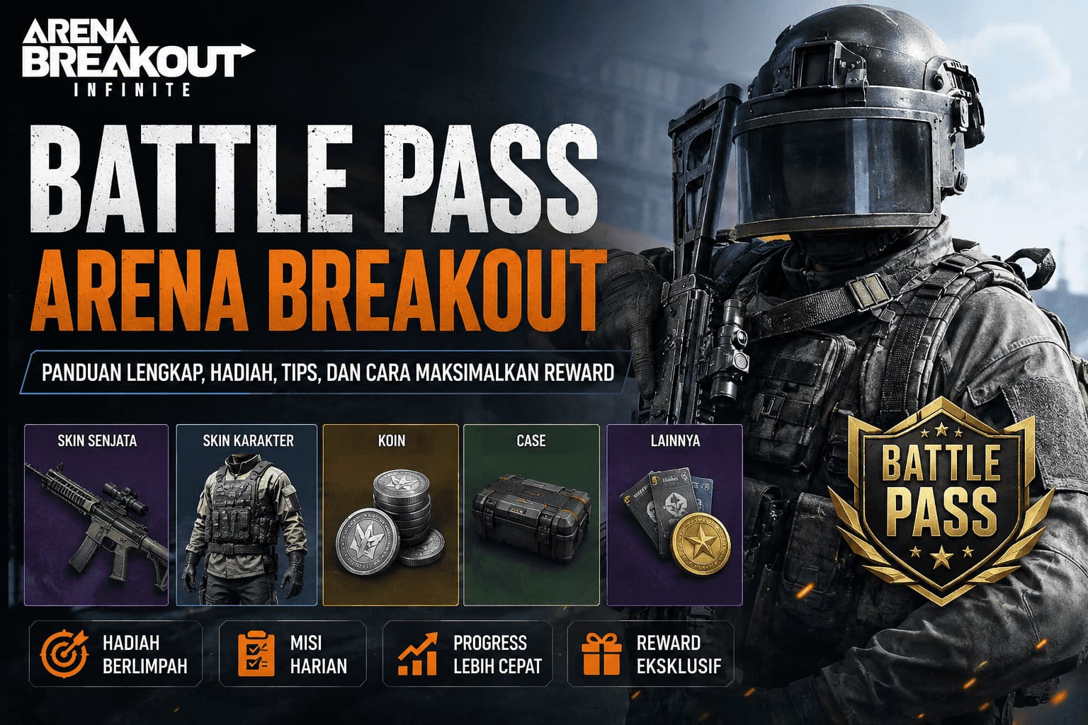 Battle Pass Arena Breakout dengan hadiah eksklusif, skin senjata, dan item premium untuk pemain Indonesia