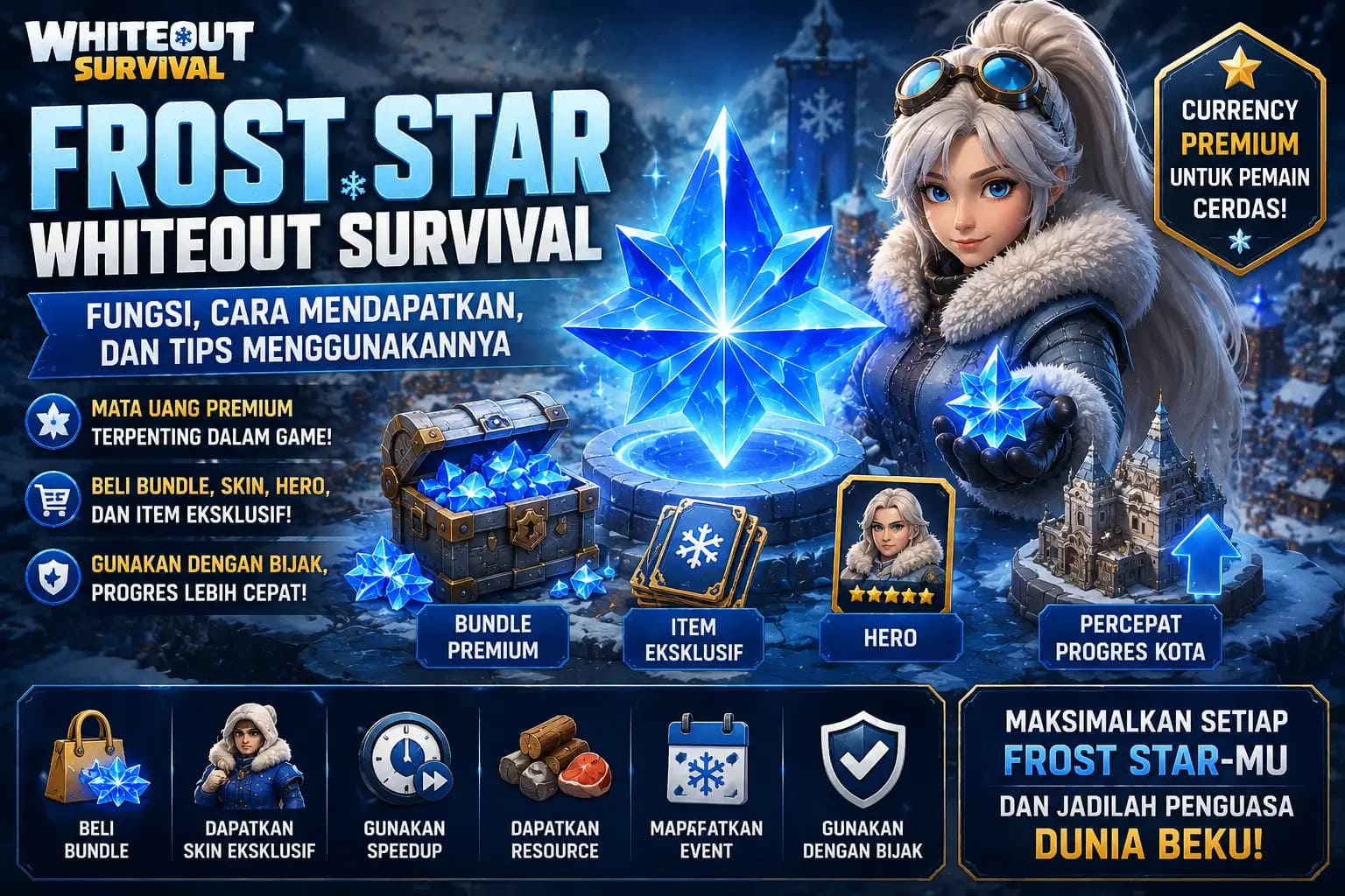 Frost Star Whiteout Survival sebagai mata uang premium untuk membeli bundle, skin, hero, speedup, dan item eksklusif dalam game.