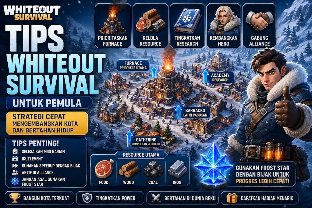 Tips Whiteout Survival untuk pemula mengenai strategi membangun kota, mengelola resource, meningkatkan Power, dan menggunakan Frost Star secara efisien.