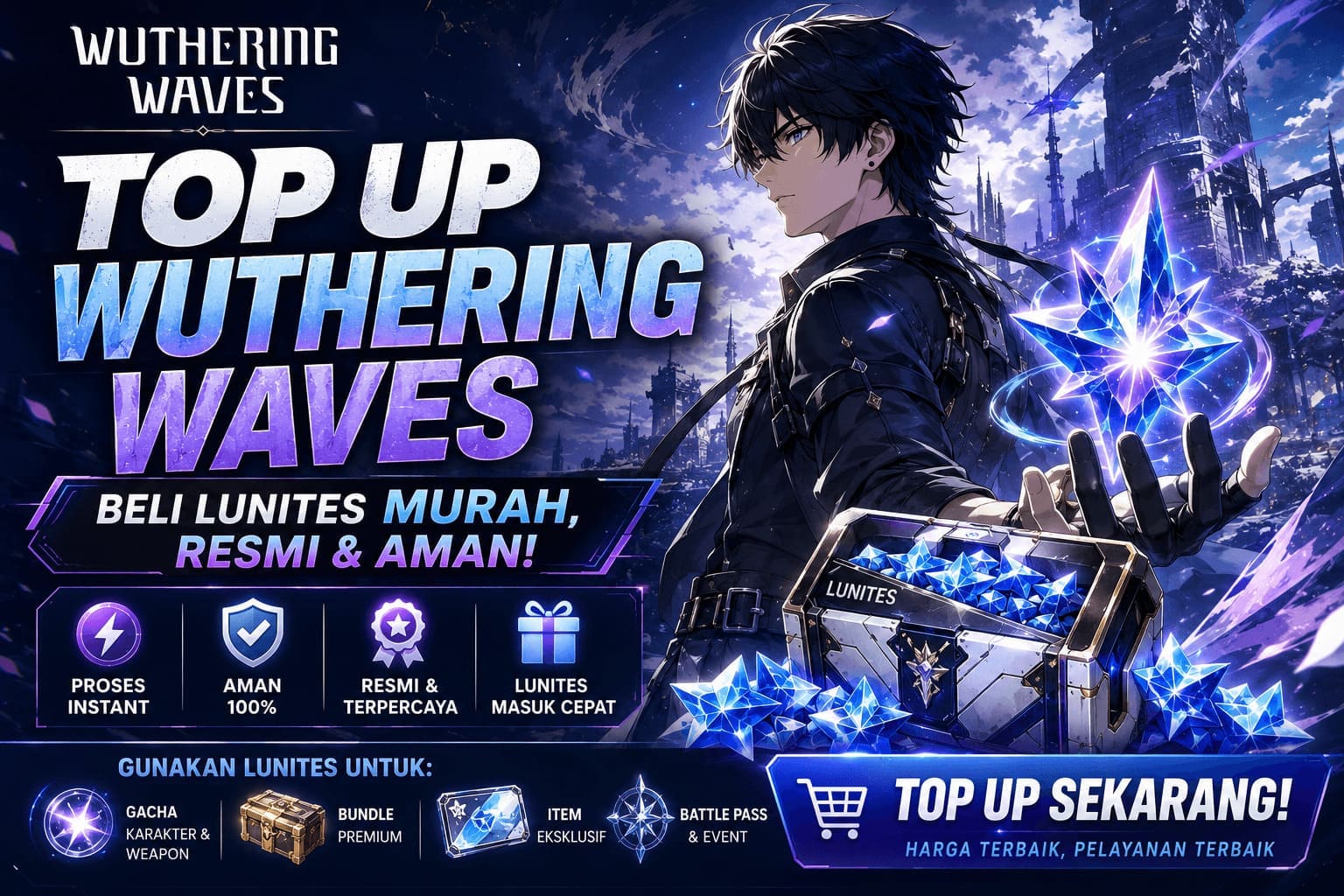 Top Up Wuthering Waves murah, resmi, dan aman untuk membeli Lunites sebagai mata uang premium bagi pemain Indonesia.