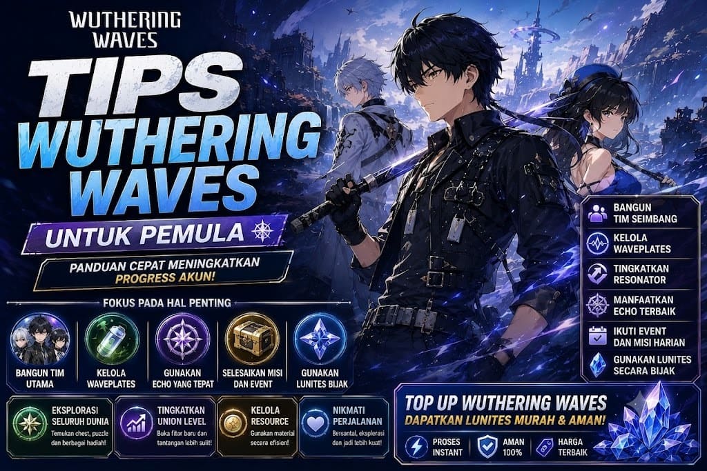 Tips Wuthering Waves untuk pemula mengenai strategi membangun tim, mengelola Waveplates, meningkatkan Resonator, dan menggunakan Lunites secara efisien.