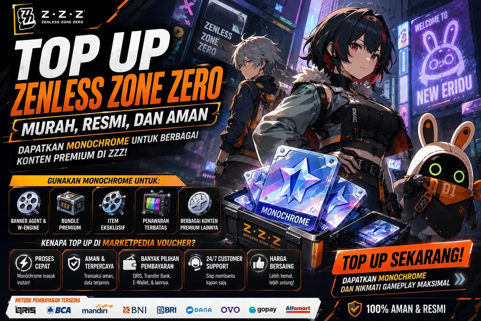 Top Up Zenless Zone Zero murah, resmi, dan aman untuk membeli Monochrome sebagai mata uang premium bagi pemain Indonesia.