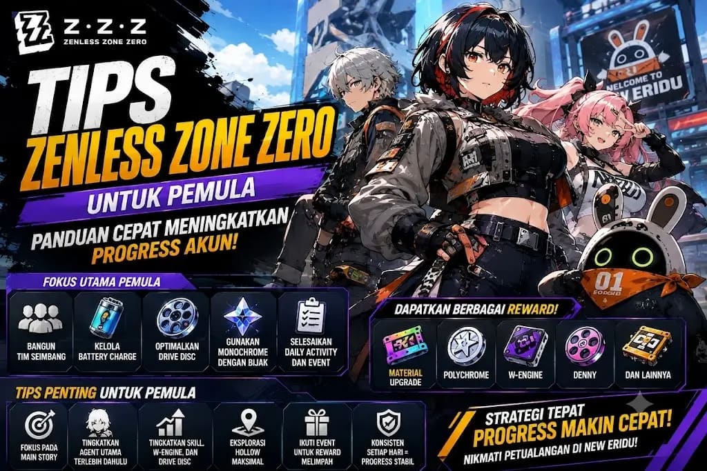 Tips Zenless Zone Zero untuk pemula mengenai strategi membangun tim, mengelola Battery Charge, meningkatkan Agent, dan menggunakan Monochrome secara efisien.