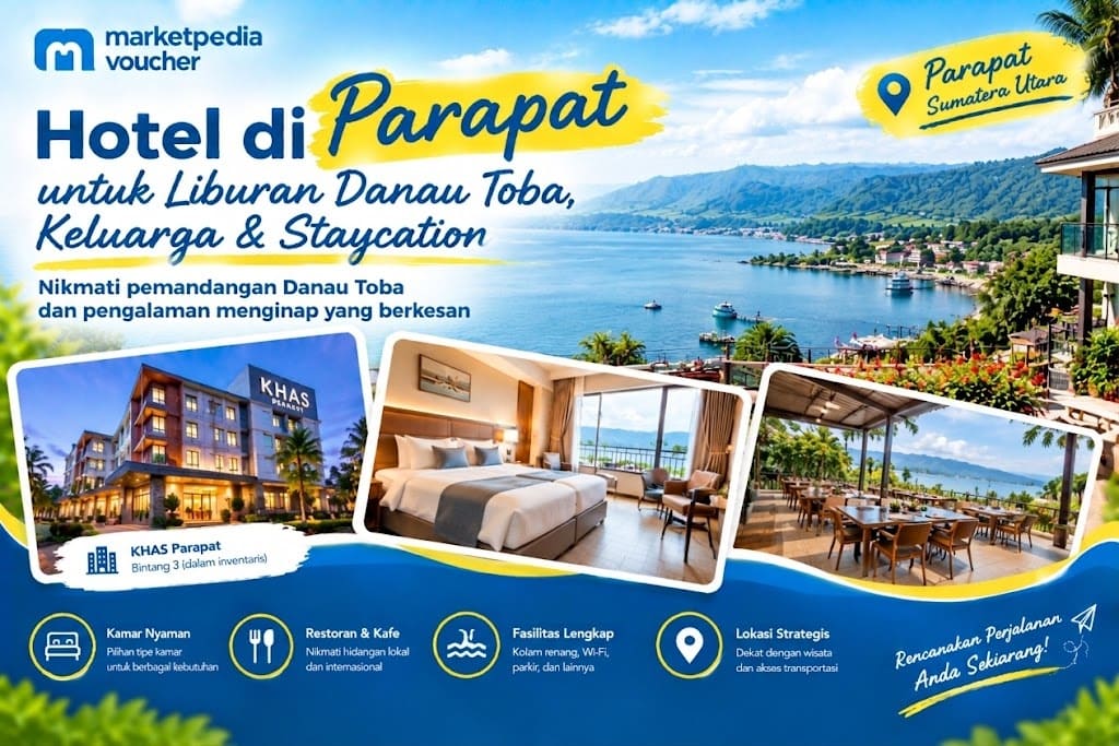 Hotel di Parapat untuk liburan Danau Toba dengan pemandangan danau, pilihan kamar, restoran, dan fasilitas untuk keluarga.